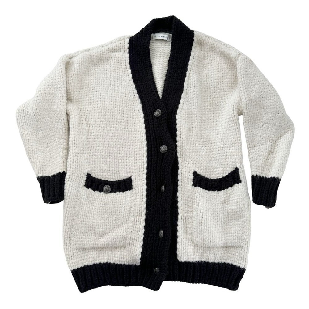 Zara Mid Length Black and Cream Button Front Cardigan